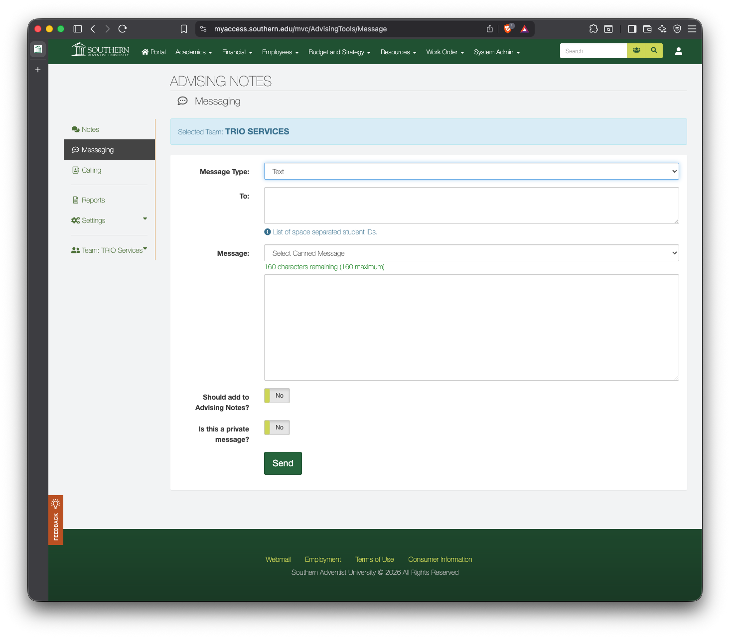 Text-message view of the Advising Tools Messaging page
