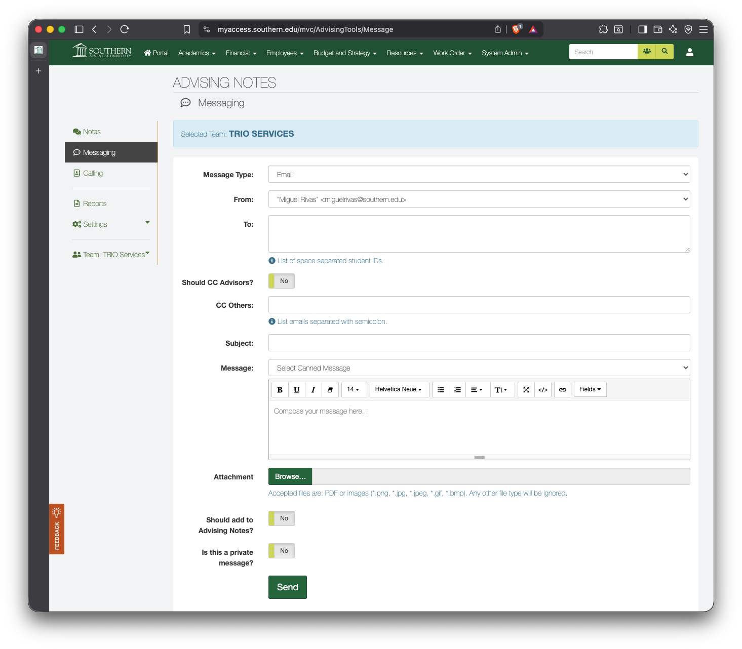 Email view of the Advising Tools Messaging page